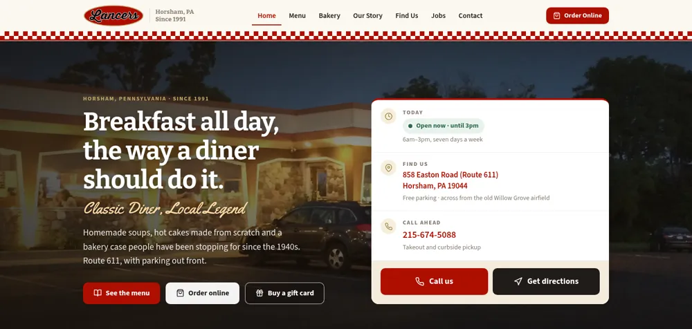 After: The new Lancers Diner homepage, showing today's status, hours, address, phone and Call and Get directions buttons