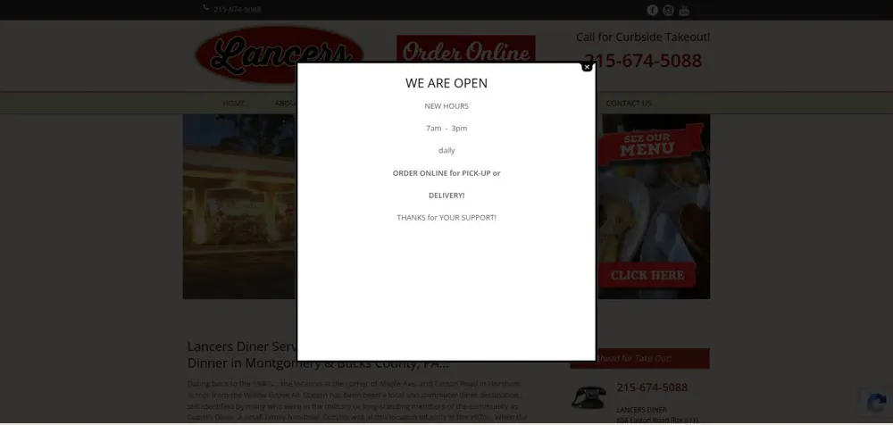 Before: The old Lancers Diner homepage, covered by a popup announcing new hours