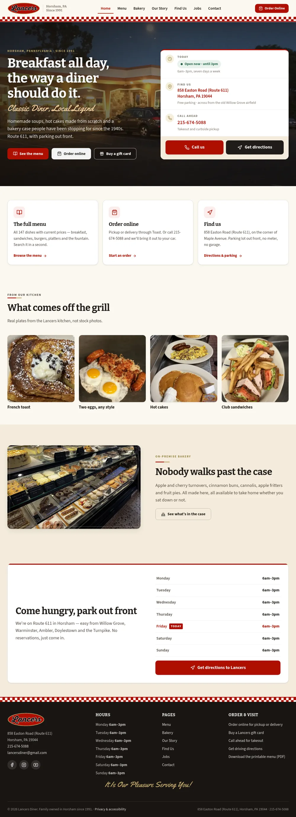 After: The full new Lancers Diner homepage: the hours card, menu and ordering links, photos from the kitchen, the bakery case and directions