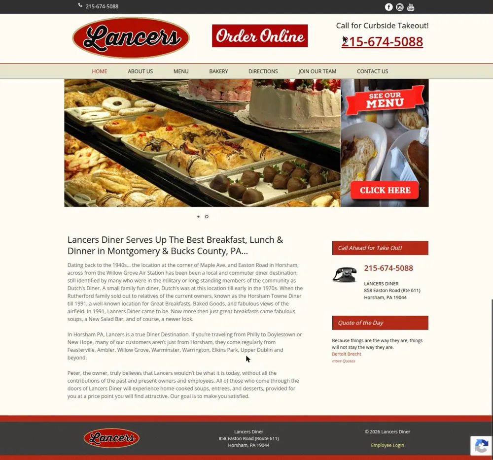 Before: The full old Lancers Diner homepage: a photo slider and paragraphs of history