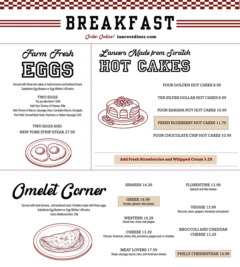 The breakfast page of the Lancers Diner printed menu: checkerboard trim, double rules beside the Breakfast heading, script titles and pen-and-ink drawings of eggs, hot cakes and an omelet