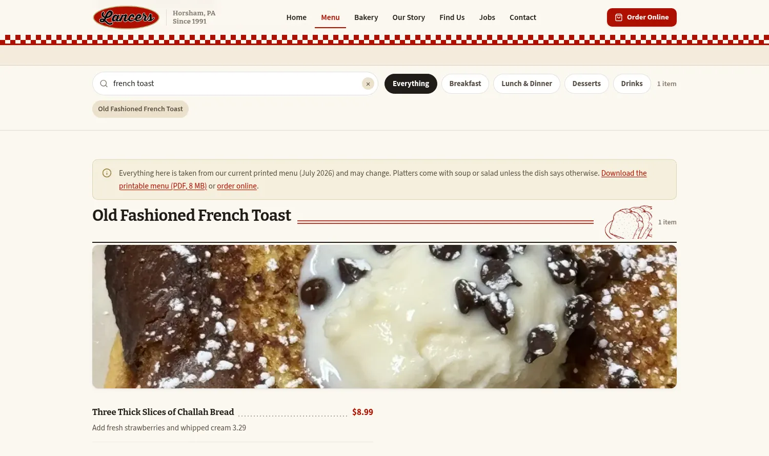 The new Lancers Diner menu with french toast typed in the search box, showing the matching dish, its photo and price