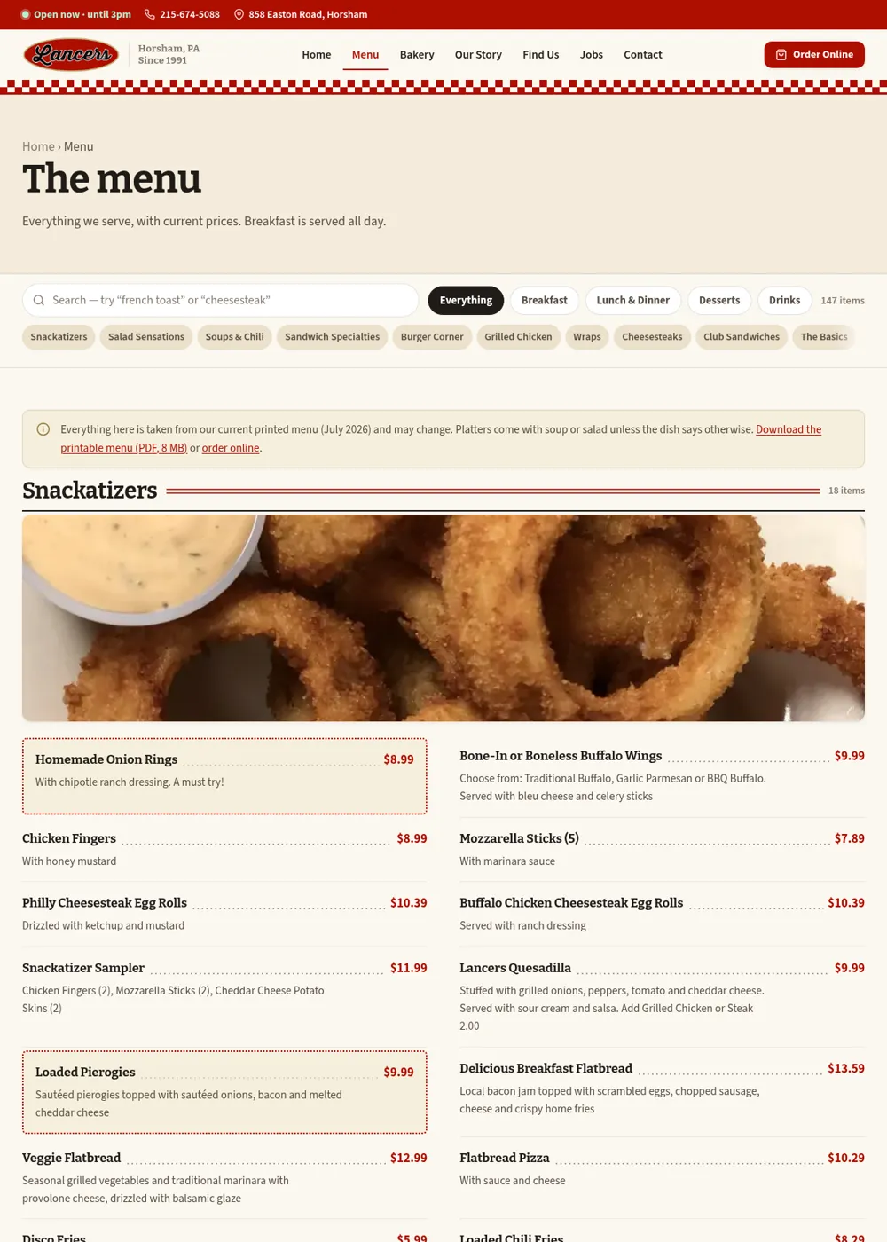 After: The top of the new Lancers Diner menu, with search, filters and current prices