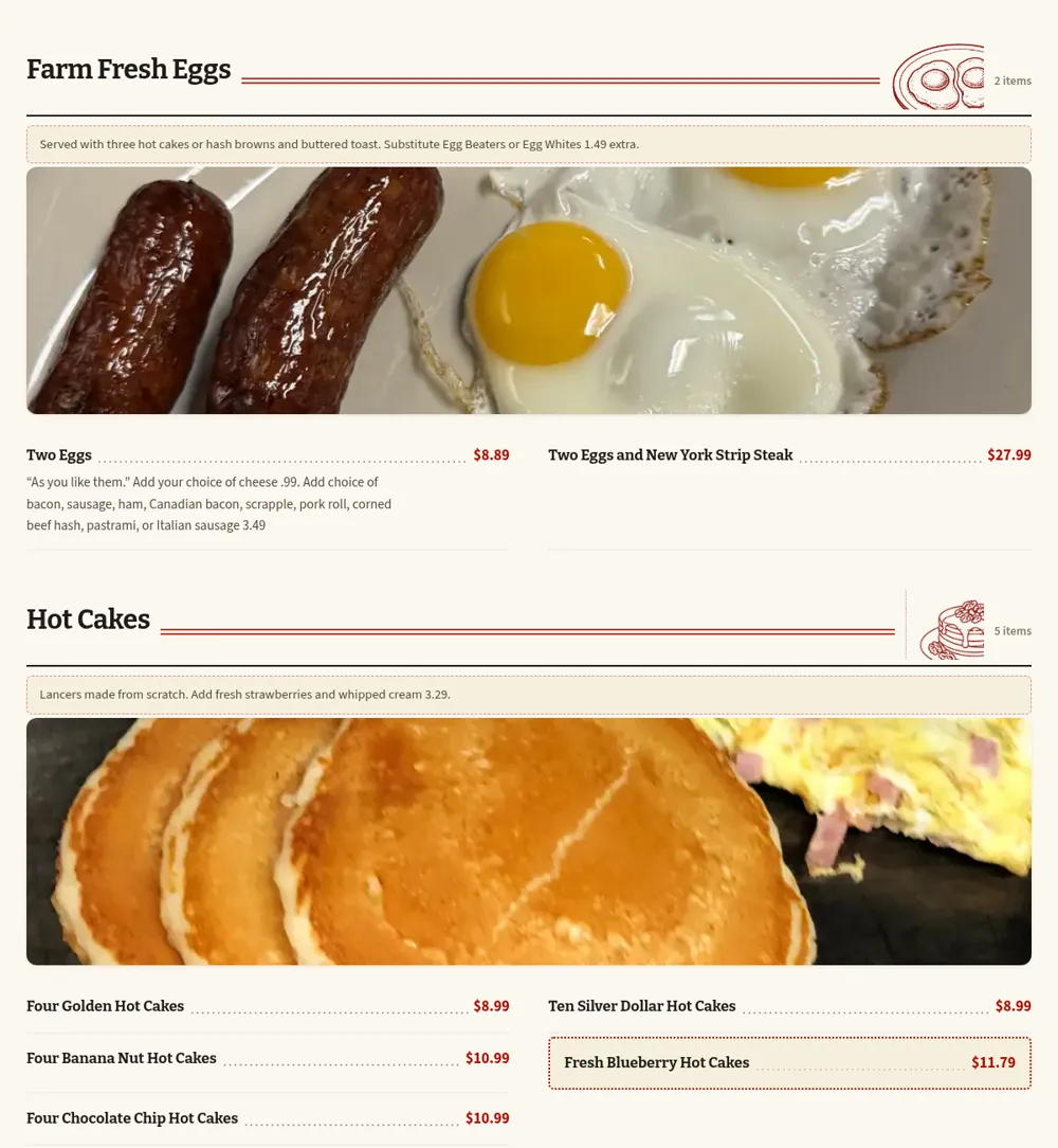The same breakfast dishes on the new Lancers Diner website menu, with double rules beside each heading, the same pen-and-ink drawings, photos of the eggs and hot cakes, and a dotted box around a house favorite